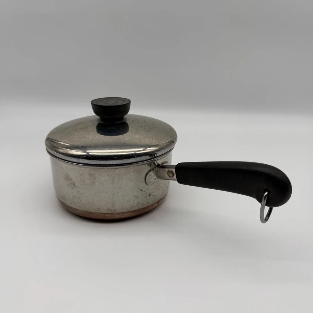 Vintage 1801 Revere Ware 1-Quart Copper Bottom Stainless Steel Sauce Pan w/ Lid